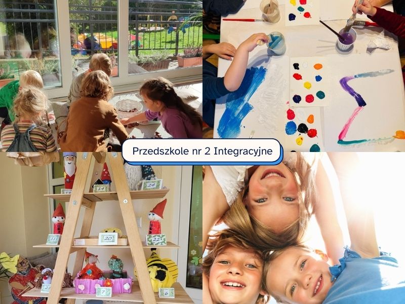 Kolaż zdjęć z przedszkola: dzieci przy oknie, podczas malowania, prace plastyczne na regale oraz troje uśmiechniętych dzieci. Na środku napis: „Przedszkole nr 2 Integracyjne”.